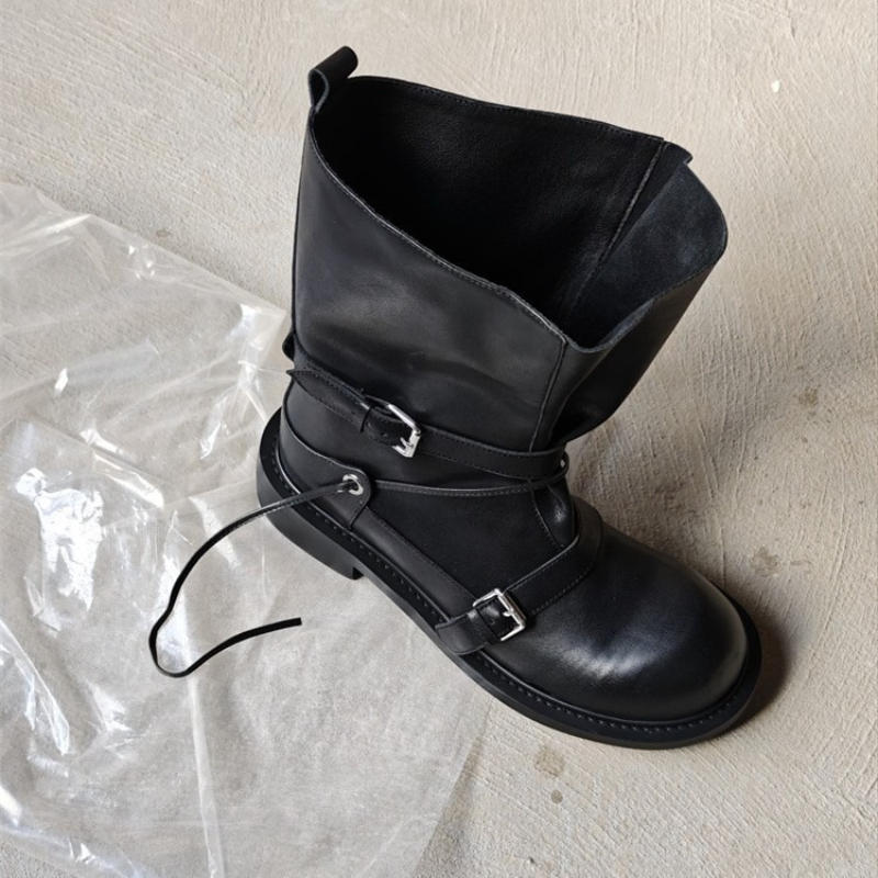 レトロバックルミッドカーフブーツ女性厚底スリムナイトブーツ多 - Leather Classic Strap のレビューと価格